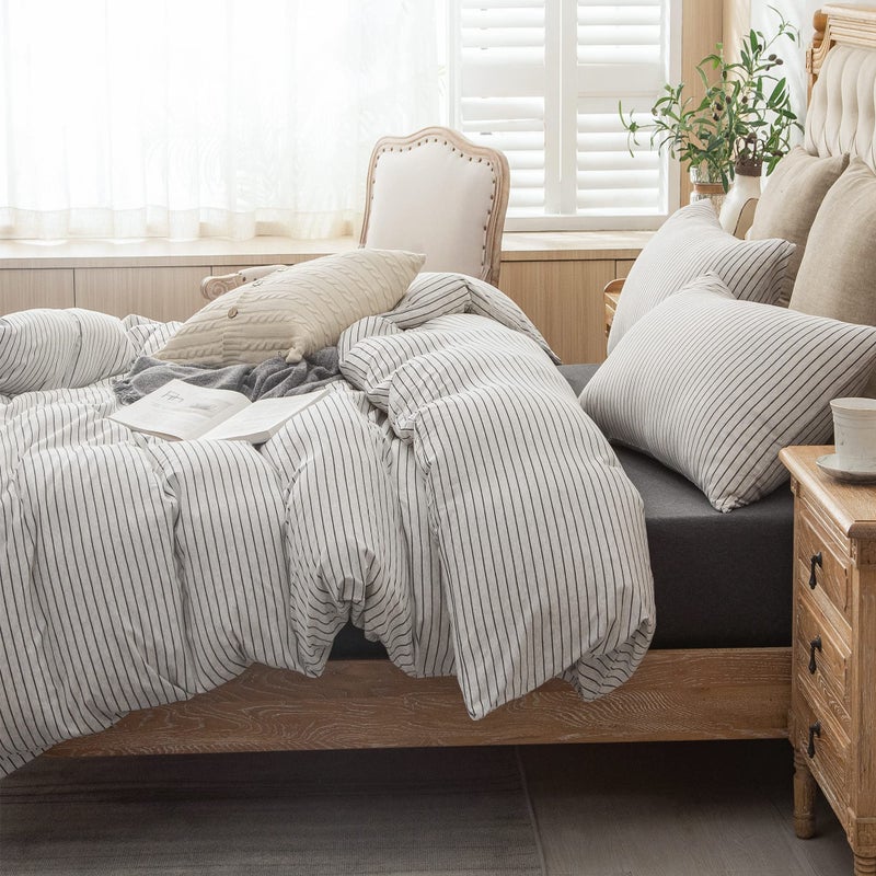 PURE ERA Jersey Knit Duvet Cover Set 100% T-Shirt Heather Cotton Super Soft Comfy Classic Striped Design, with Zipper Closure, Heather White & Black Pinstripe, King - Image 2